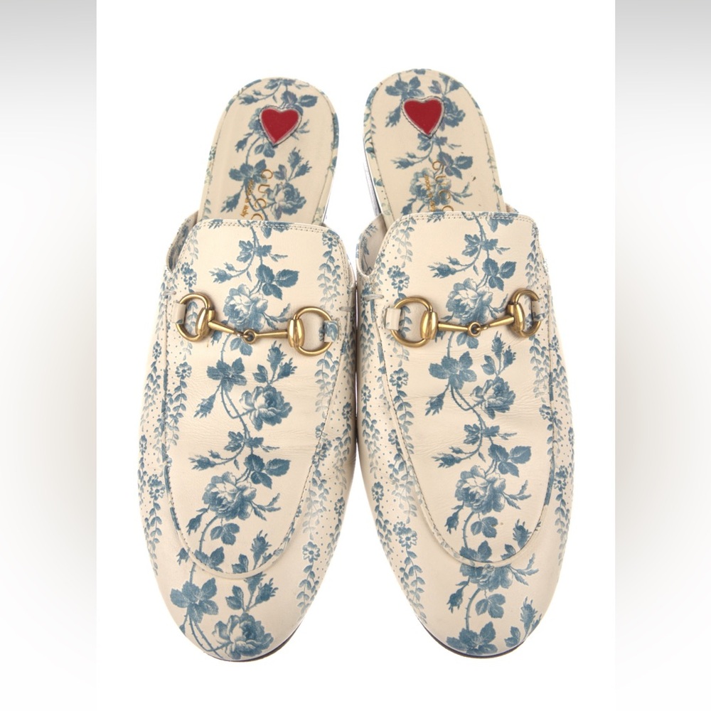 Gucci Cream and Blue Mules with Horsebit Detail